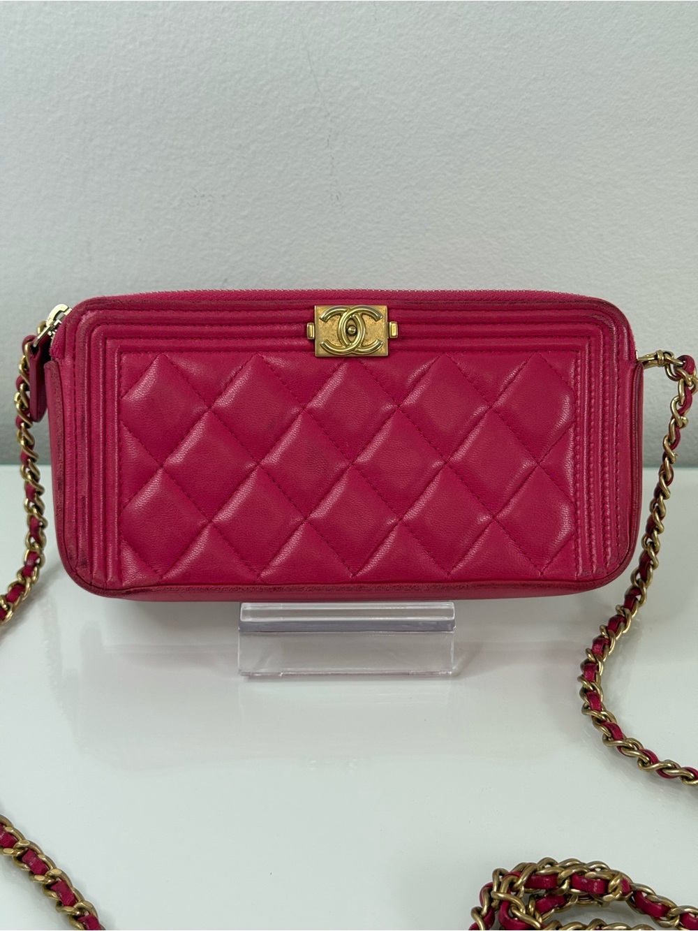 CHANEL Fuchsia Quilted Leather Boy Wallet-on-Chain with Gold Hardware